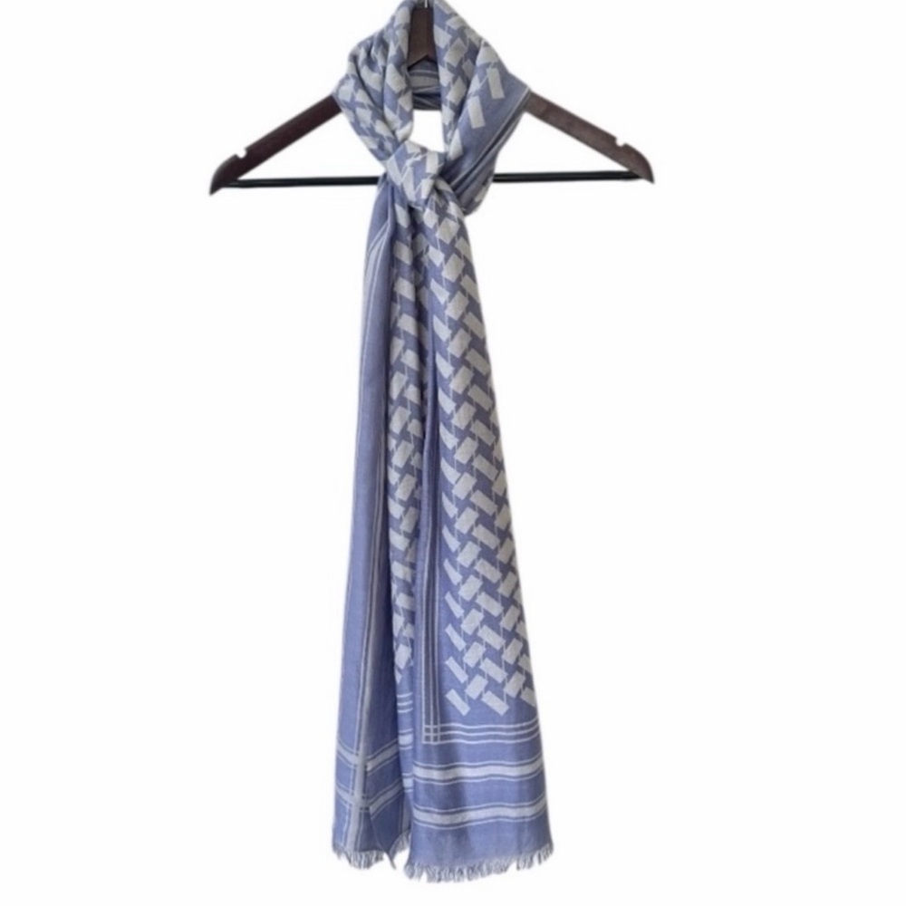 NEW Charlotte Kellogg Blue and Gray Geometric Print Cashmere Silk Large Scarf